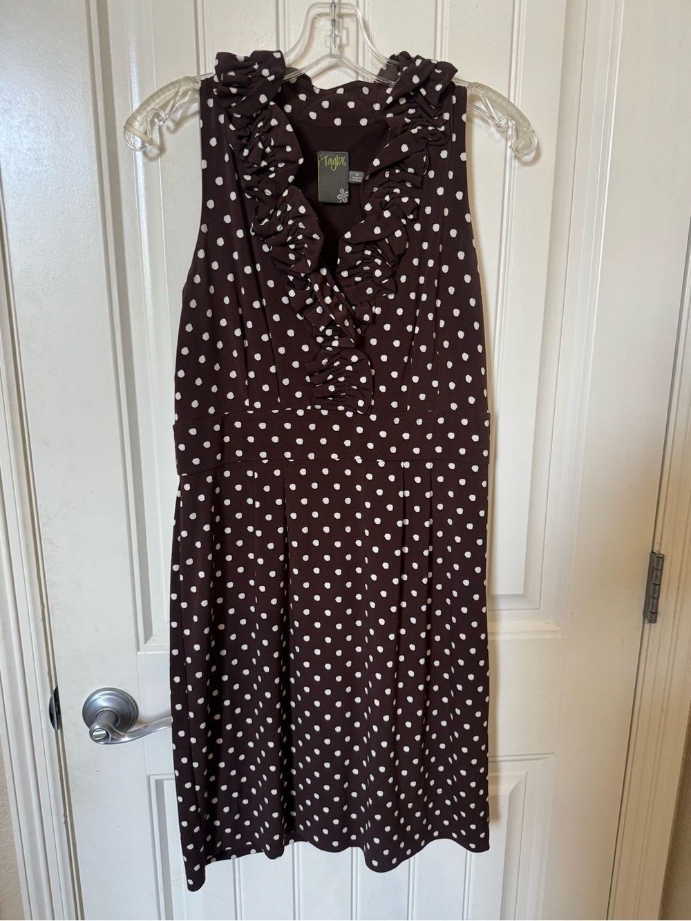 Taylor Brown and White Polka Dot Ruffle V-Neck Midi Dress